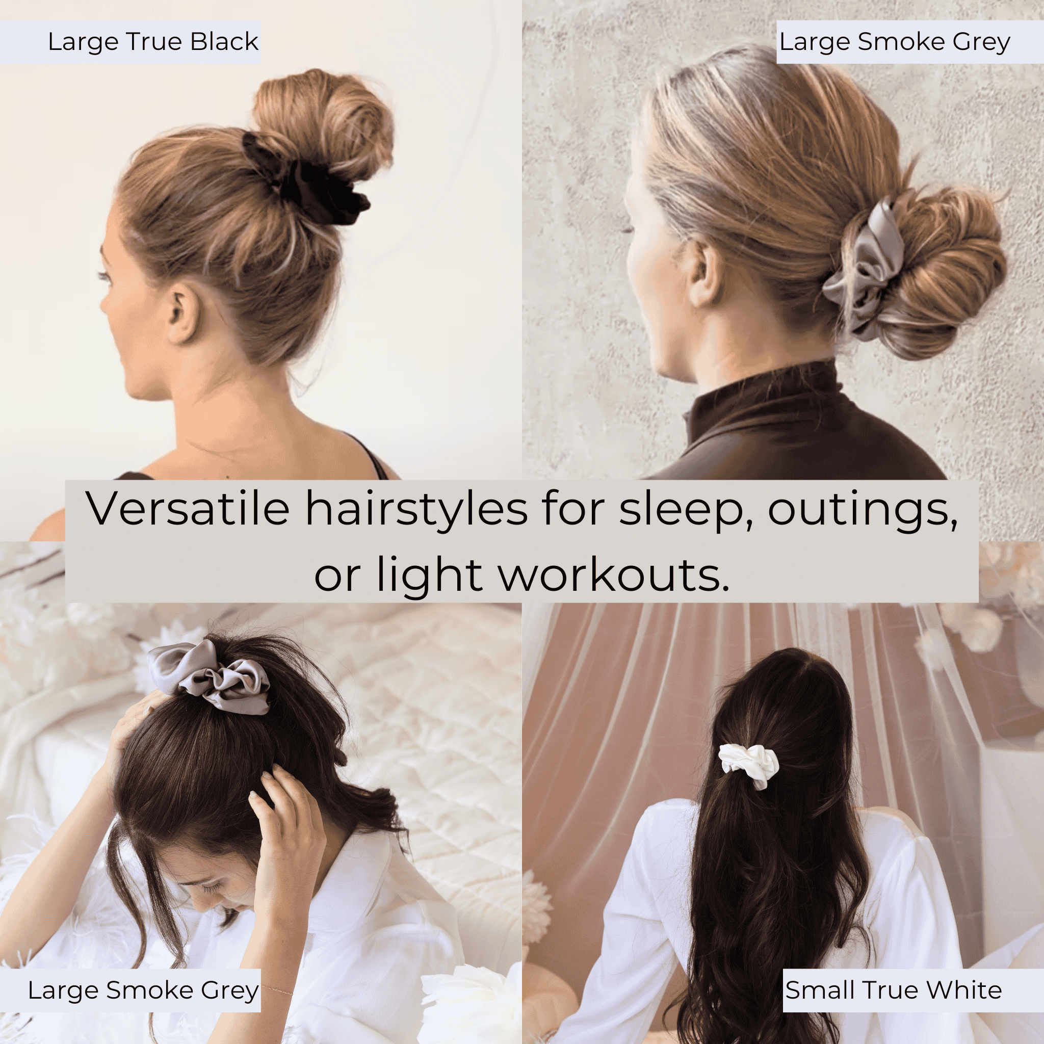 Silk adjustable scrunchies that can be used for elegant low bun, high bun, high pony, and half ponytail hairstyles